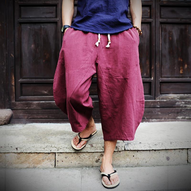 Pantaloncini Harem Estivi alla Moda da Uomo in Cotone e Lino - Larghi, Gamba Larga, Taglia Grande