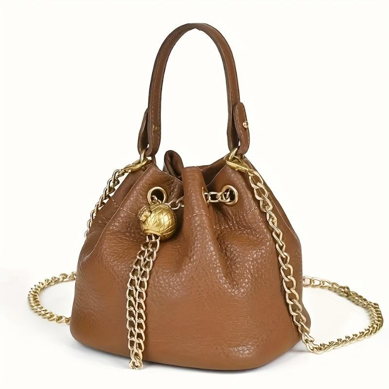 Top-grain Cowhide Ladies' Cosmetic Bag Casual Genuine Leather Bucket Bag Soft Cowhide Chain Bag