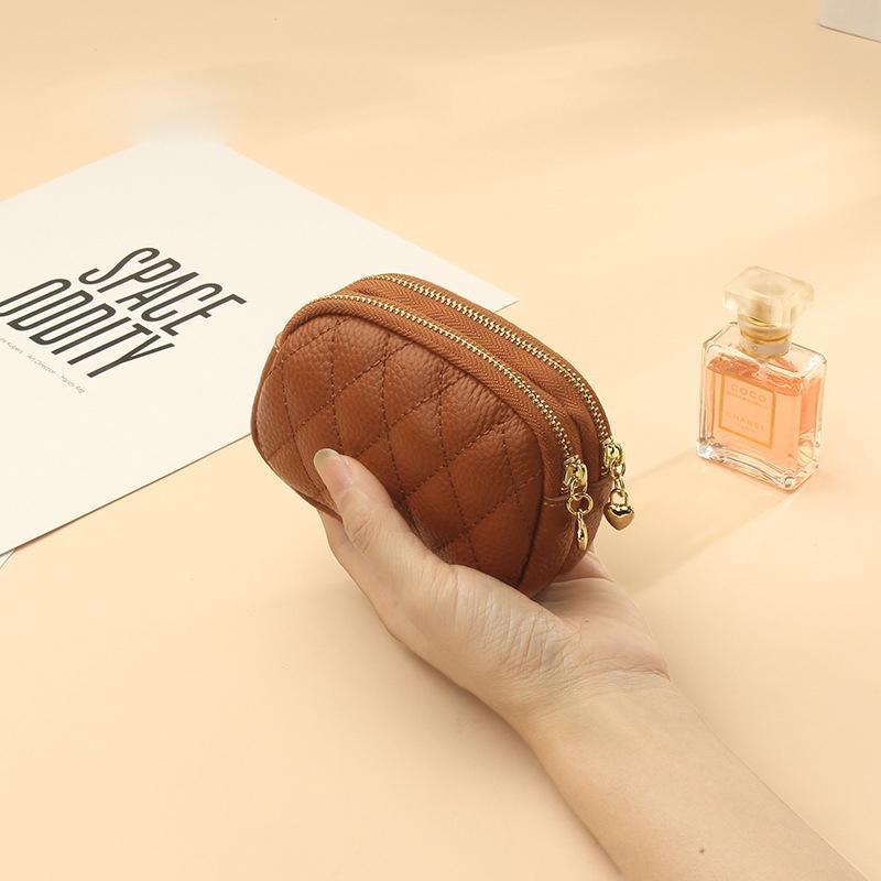 Damska skóra bydlęca Diamentowa dwuwarstwowa portmonetka na monety Skórzana torba na klucze do przechowywania monet