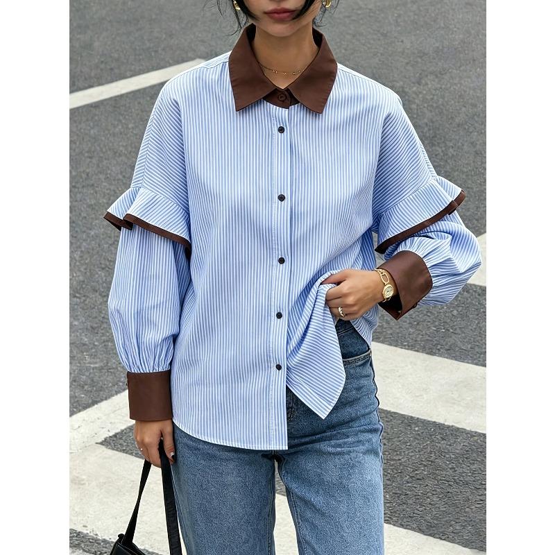 TIFICY Bluzki i koszule damskie w stylu casual, wiosna, jesień, paski, długi rękaw, dekolt POLO
