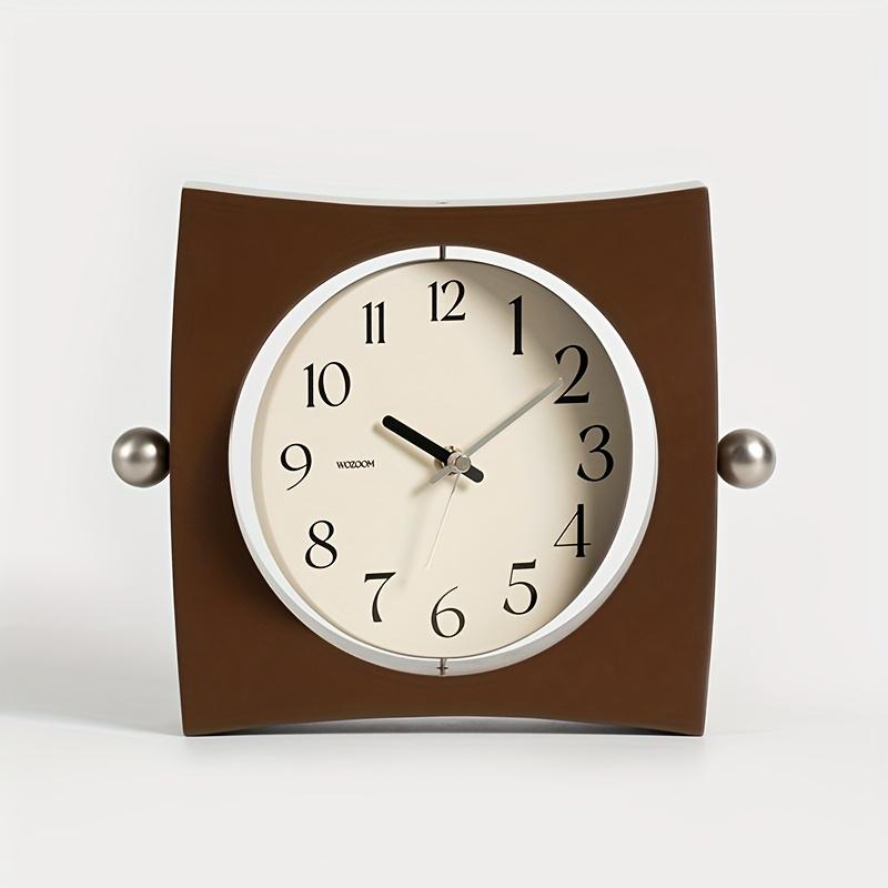 Unique Square Wall Clock with Curved Appearance, Metal Ball Decorations, Rotatable Dial, Beige Face with Black Numbers, Silent Operation, Wooden Frame