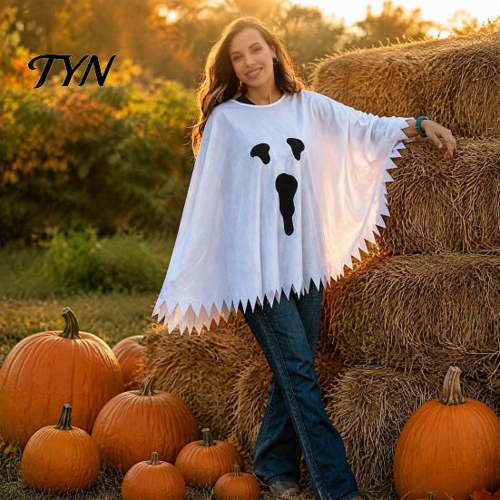 Durable Ghost Outfit for Halloween Decoration Poncho Costume Kids Adults, Spooky White Cloak Soft Friendly Dress Kindergarten Performance with