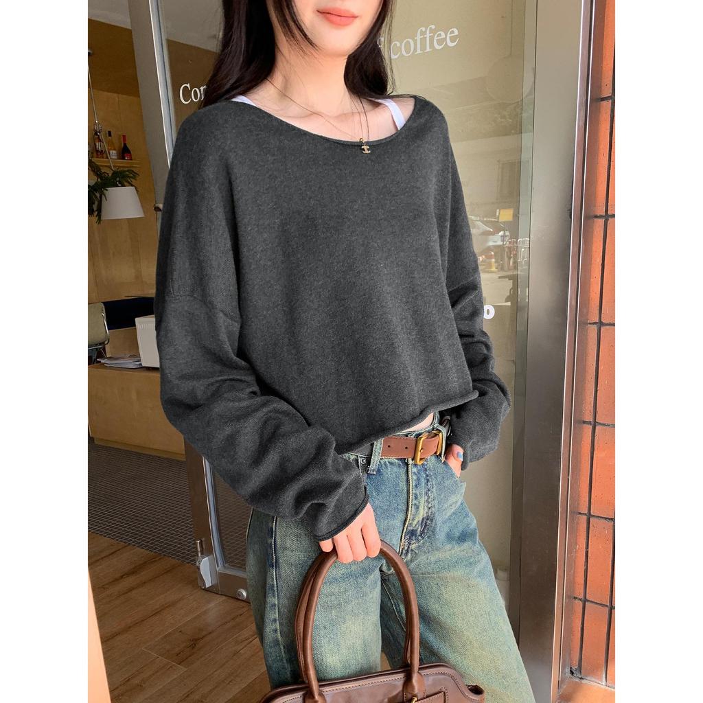 2025 New Women's Grey Knit Long Sleeve Loose Slimming Top