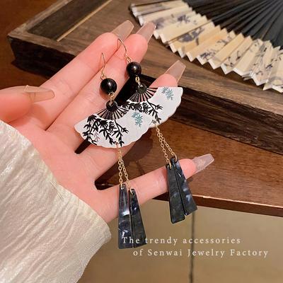New Chinese Style Ink Bamboo Fan-shaped Fringed Earrings Women's High-end Light Luxury Long Ear Hooks Retro Ears