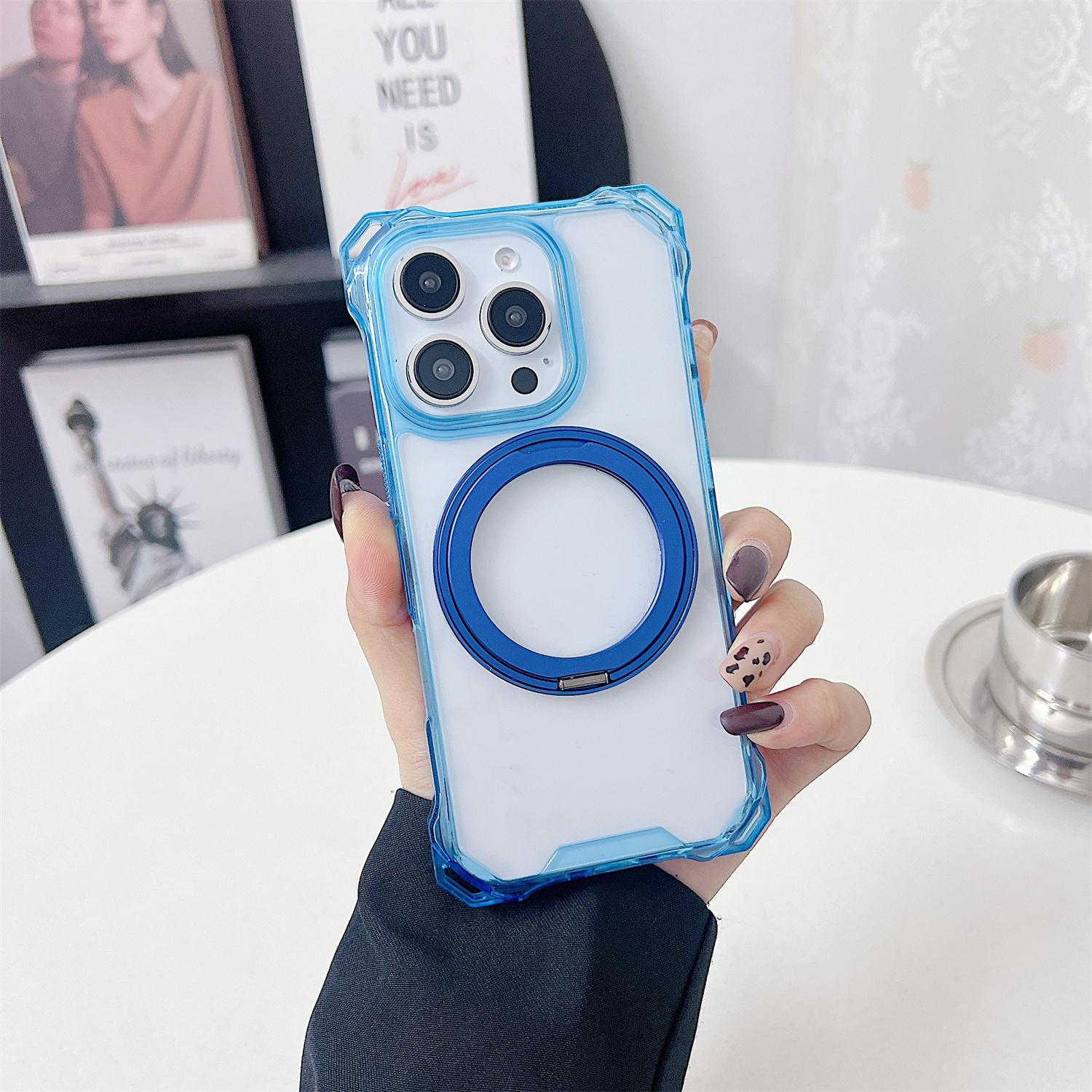 

For iPhone 15 Pro Max Magnetic Case Ring Kickstand TPU+PC Phone Cover Blue