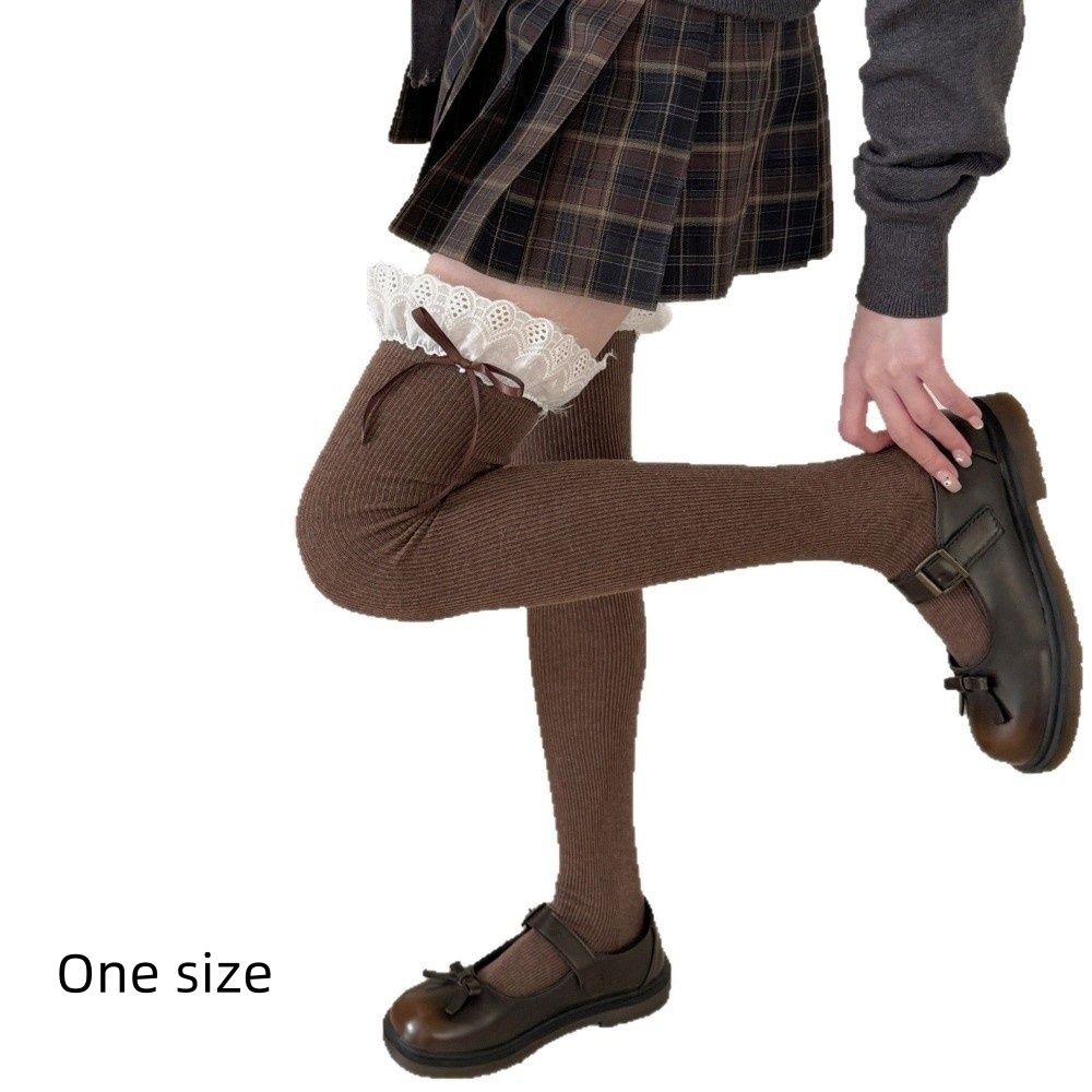 Vertical Strips Lace Stockings Ribbon Bow Ribbon Bow Stockings Warm Over Knee Socks For Women
