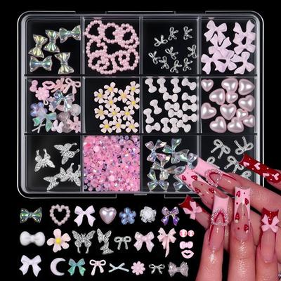 New 3D Mixed Nail Charms Pearl Heart Flatback Resin Nail Rhinestones Flower Bowknot Nail Art Decorations DIY Manicure