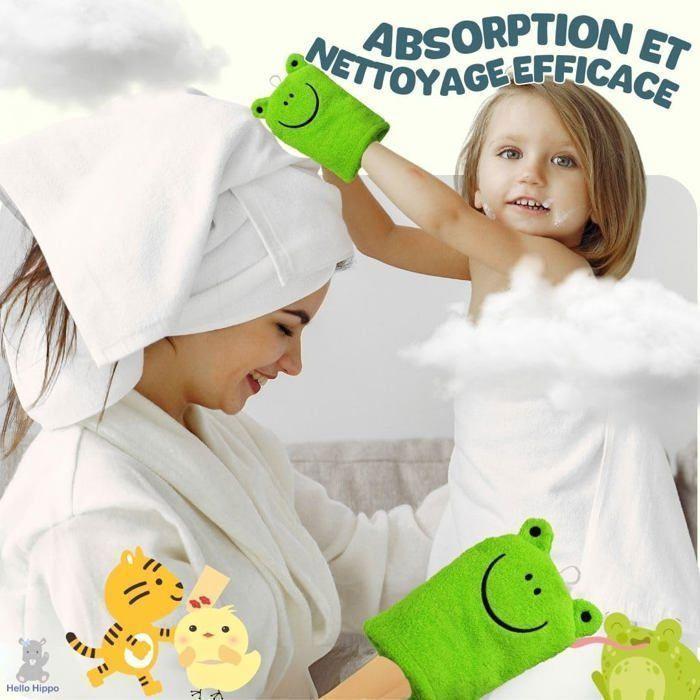 Hello Hippo® Lot de 6 Gants de Toilette Bébé & Enfant - Gants Douche Coton – Tigre, Grenouille, Poussin