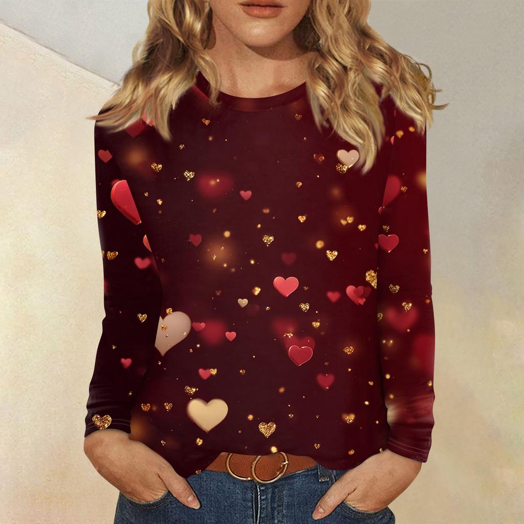 Women's Valentine's Day Fashionable Heart Print Round Neck Long Sleeve Pullover Top