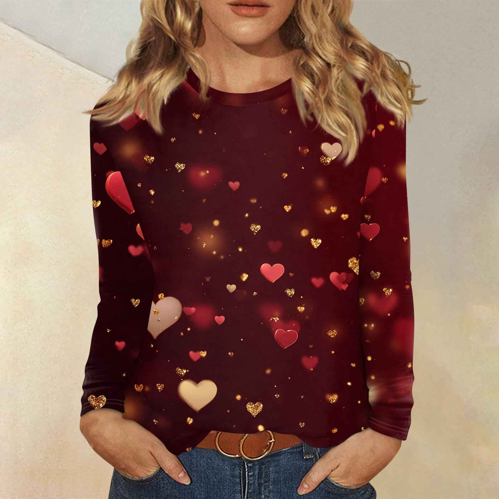 

Women s Valentine s Day Fashionable Heart Print Round Neck Long Sleeve Pullover Top XXL винний