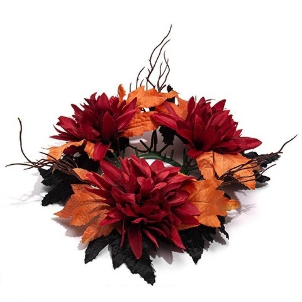 Halloween Theme Maple Leaf Candle Holder Wreath Handmade Pillar Ring Wreath Fireplace Decoration