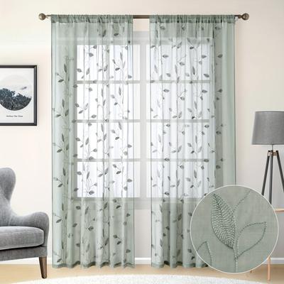 1 stuks Tuinstijl Geborduurde Bladpatroon Transparante Gordijnen, Tunnelzak Polyester Gordijnen voor Slaapkamer, Woonkamer, Keuken - Machinewasbaar
