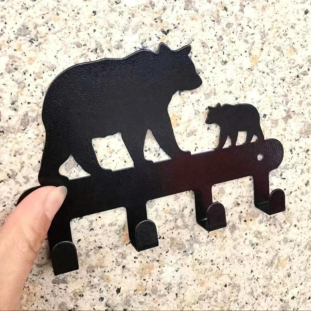 Rustic Metal Bear Key Holder Wall Mount, Entryway Coat & Hat Rack, Farmhouse Garage Organizer Hooks