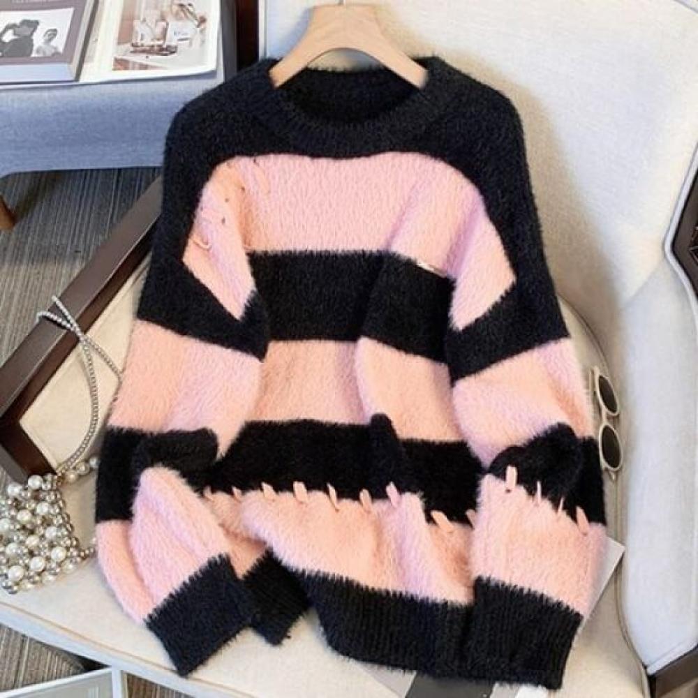Navava Men Color Block Striped Mink Long Sleeve Knit Sweater Nk2681