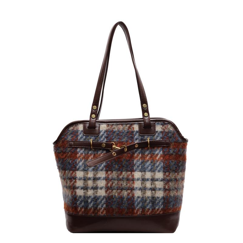 

Шерстяная клетчатая сумка большой вместимости женская 2025 осень и зима новая сумка через плечо ретро текстура деловая сумка-ведро на плечо