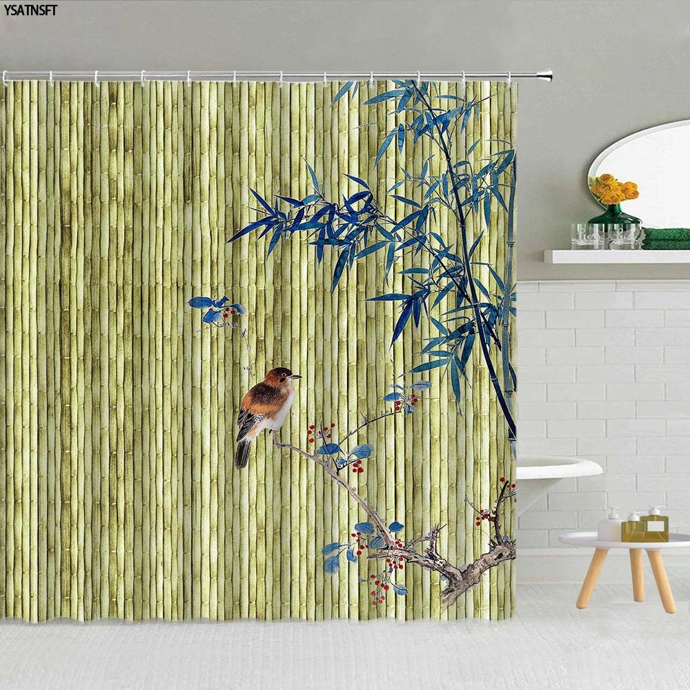 Yellow Green Bamboo Lotus Shower Curtain Bathroom Curtains Plant Flower Natural Scenery Fabric Background Wall Decor Screen Hook