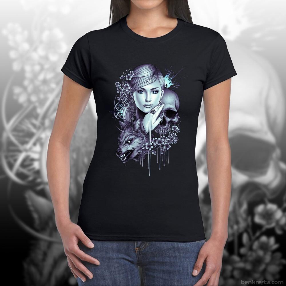 T Shirt Unisexs Skull Wolf Girl Blue And Black Exclusive Krefta Tshirt