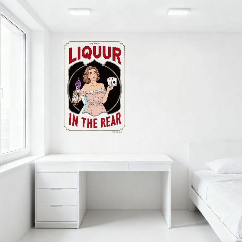 Vintage Sexy Liquor 'In the Rear' Pin-up Metal Sign - Retro Aesthetic Woman with Liquor Bottle & Ace of Spades for Bar Pub Wall
