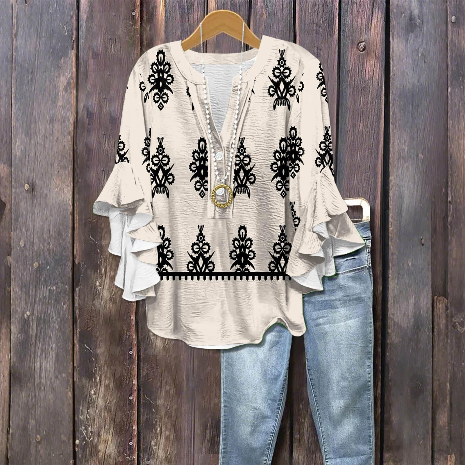 

Жіноча Мода Повсякденна Сорочка Топ на ґудзиках з V-подібним вирізом з рукавом сім восьмих з вінтажним принтом L бежевий