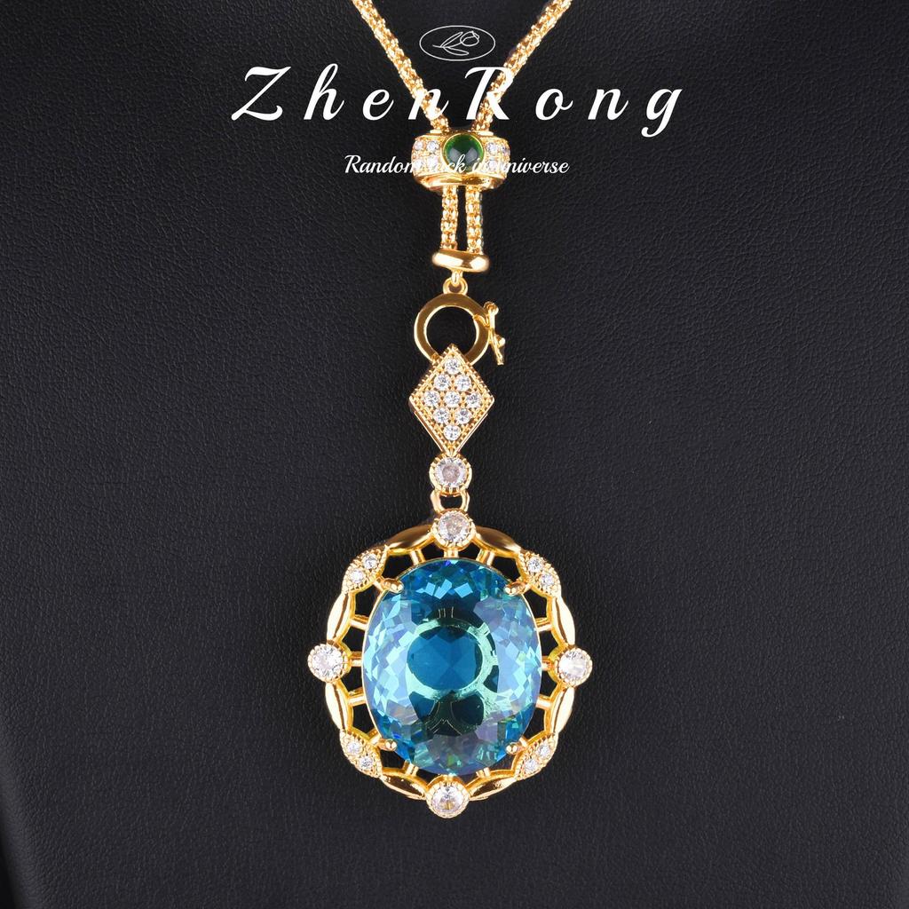 European & American Style Pigeon Blood Red Simulated Ruby Openwork Pendant with 18K Gold-Plated Emerald Aquamarine Necklace for Women