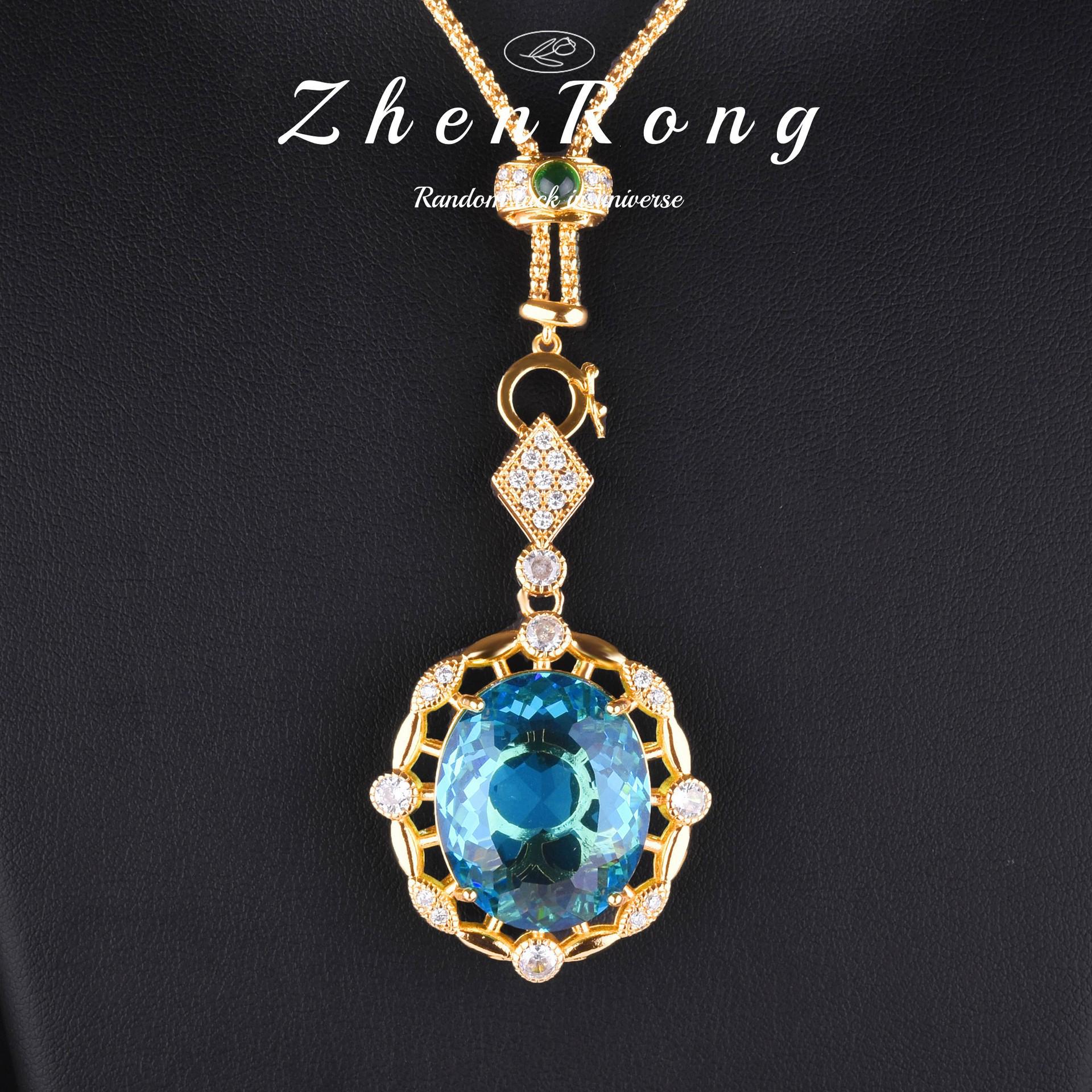 

European & American Style Pigeon Blood Red Simulated Ruby Openwork Pendant with 18K Gold-Plated Emerald Aquamarine Necklace for Women