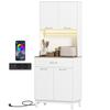 Tall Kitchen Buffet with LED and Charging Station, Kitchen Cabinet with 4 Doors, Drawer and Worktop, White
