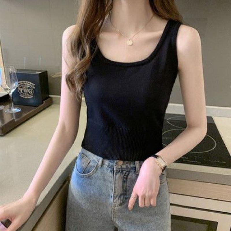 Women's Spring Summer Ice Silk Knit Camisole - Slimming Sleeveless Inner Base Layer with Beautiful Back Design.