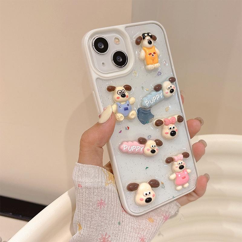 Cartoon Puppy Phone Case for IPhone16Promax Transparent Glue for Apple 15 Sequin 17 Female Model Ins