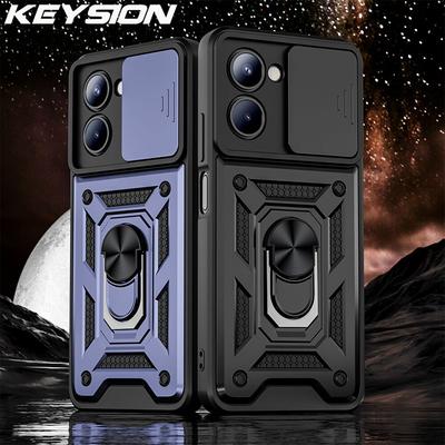 KEYSION Shockproof Armor Case for Realme C33 C30 C35 Slide Camera Lens Protection Ring Stand Phone Cover for OPPO Realme C33