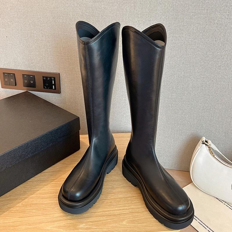 

Модные туфли на платформе с круглым носком, теплые женские полусапоги до середины икры, осенне-зимние, кожаные, удобные и элегантные женские полусапожки по акции 35