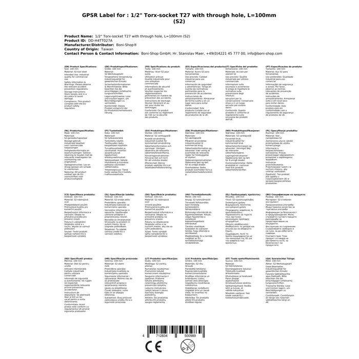 Torx T27 Socket 1/2 Inch, S2 Steel, with Hole