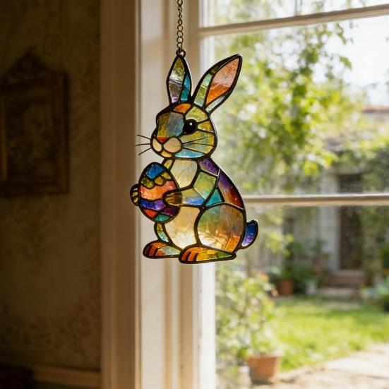 Osterhase Acryl-Sonnfänger Ornament im Buntglas-Stil Farbige Fenster-Hängedekoration für Ostern Geburtstag Frühling Garten Hausdekoration Geschenk für