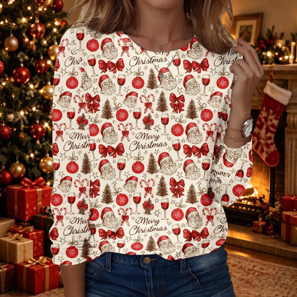 Women's Fashion Christmas Print Neck Long Sleeve Pullover Top for Holiday Casual Wear and Parties