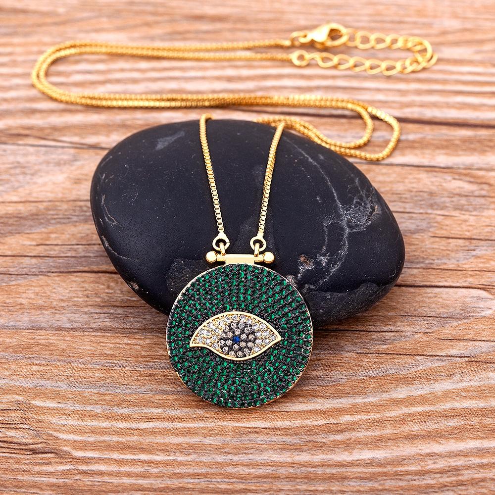 Classic Round Shape Cubic Zirconia Evil Eye Pendant Green/Purple Color Lucky Turkish CZ  Necklace Copper Link Chain Jewelry Gift