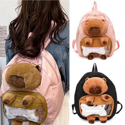 Großer Kapazitäts-Colorblock-Rucksack mit niedlichen Cartoon-Capybara-Plüschtieren, gespleißte Schultertasche für Damen, Mädchen
