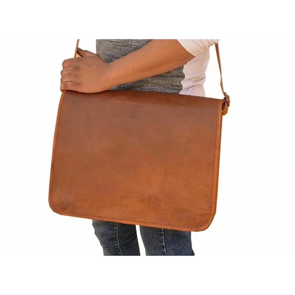 Bag Goat Leather Messenger Laptop Briefcase Genuine Vintage Brown Satchel Real