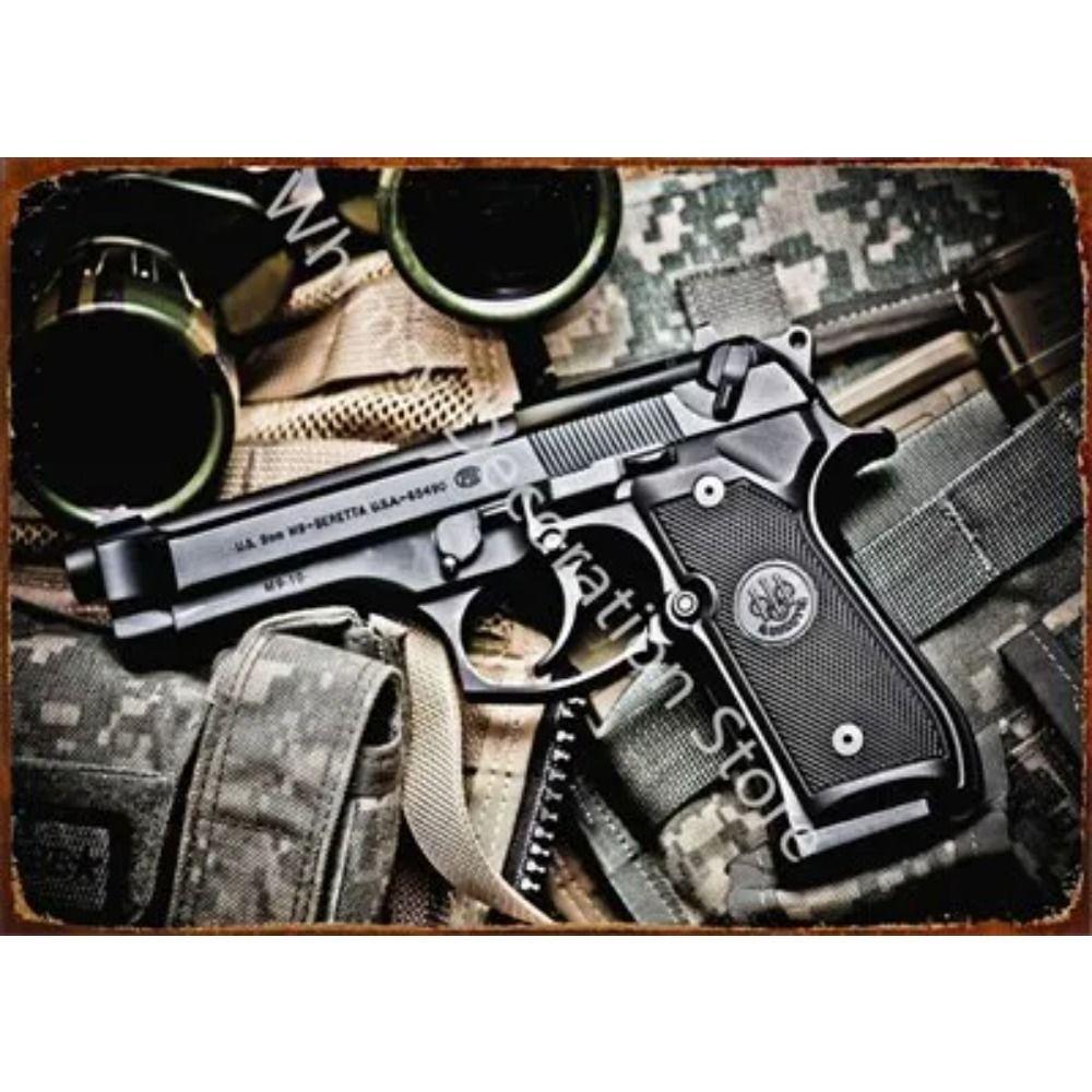 Retro Pistol Tin Sign Metal Wall Art for Home Bar Club Decor