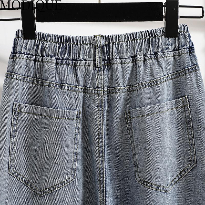 MODIQUE Sommer Übergröße Neu Damen Locker Vintage Gerade High Waist Rollkante Elastisch Lange Jeans Dame Lässig Vielseitig Weites Bein Hose