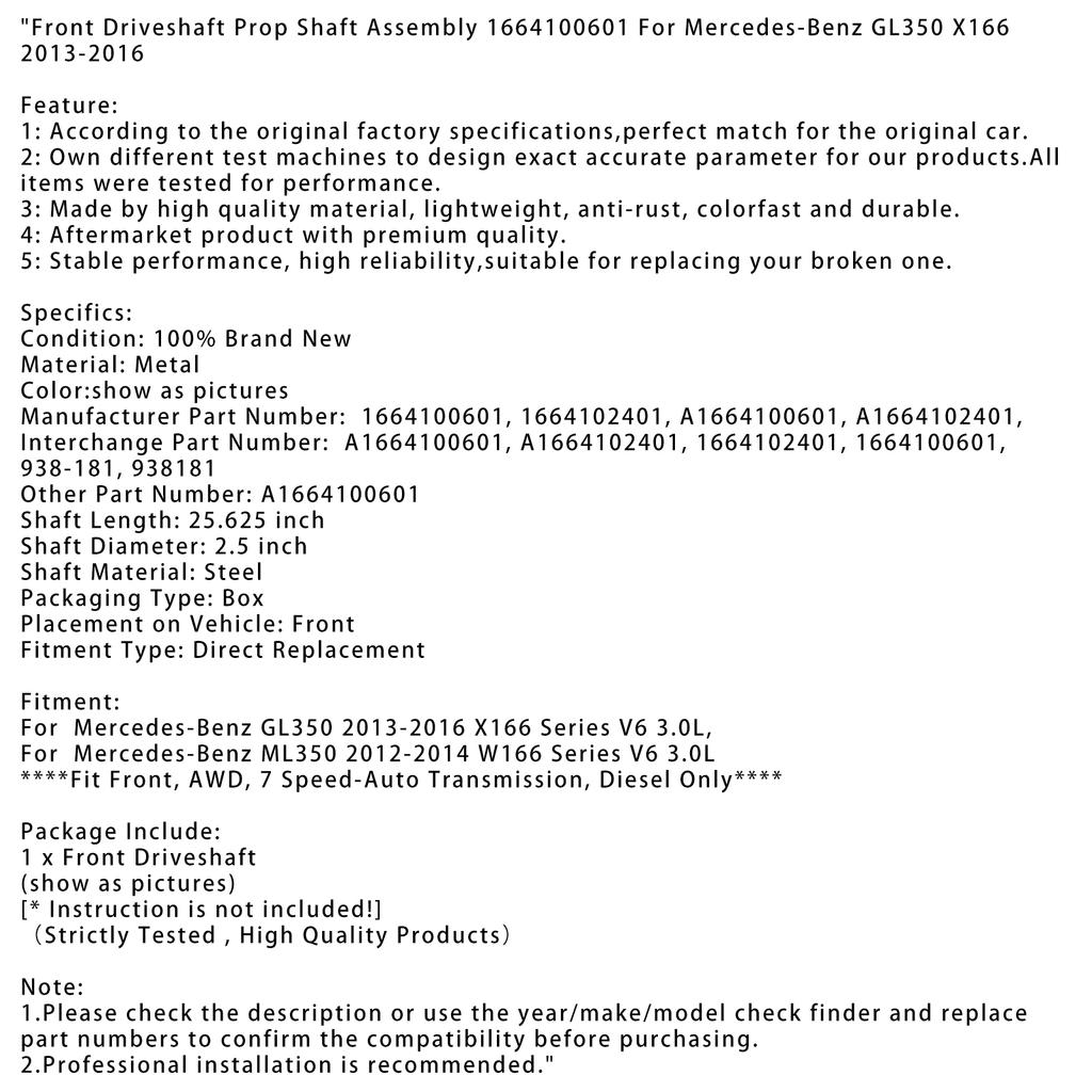 Front Driveshaft Prop Shaft Assembly 1664100601 For Mercedes-Benz GL350 X166