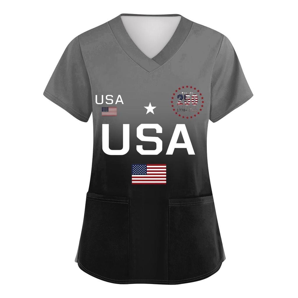 Camisetas de trabajo con bolsillos y cuello en V y manga corta estampadas a la moda para mujer