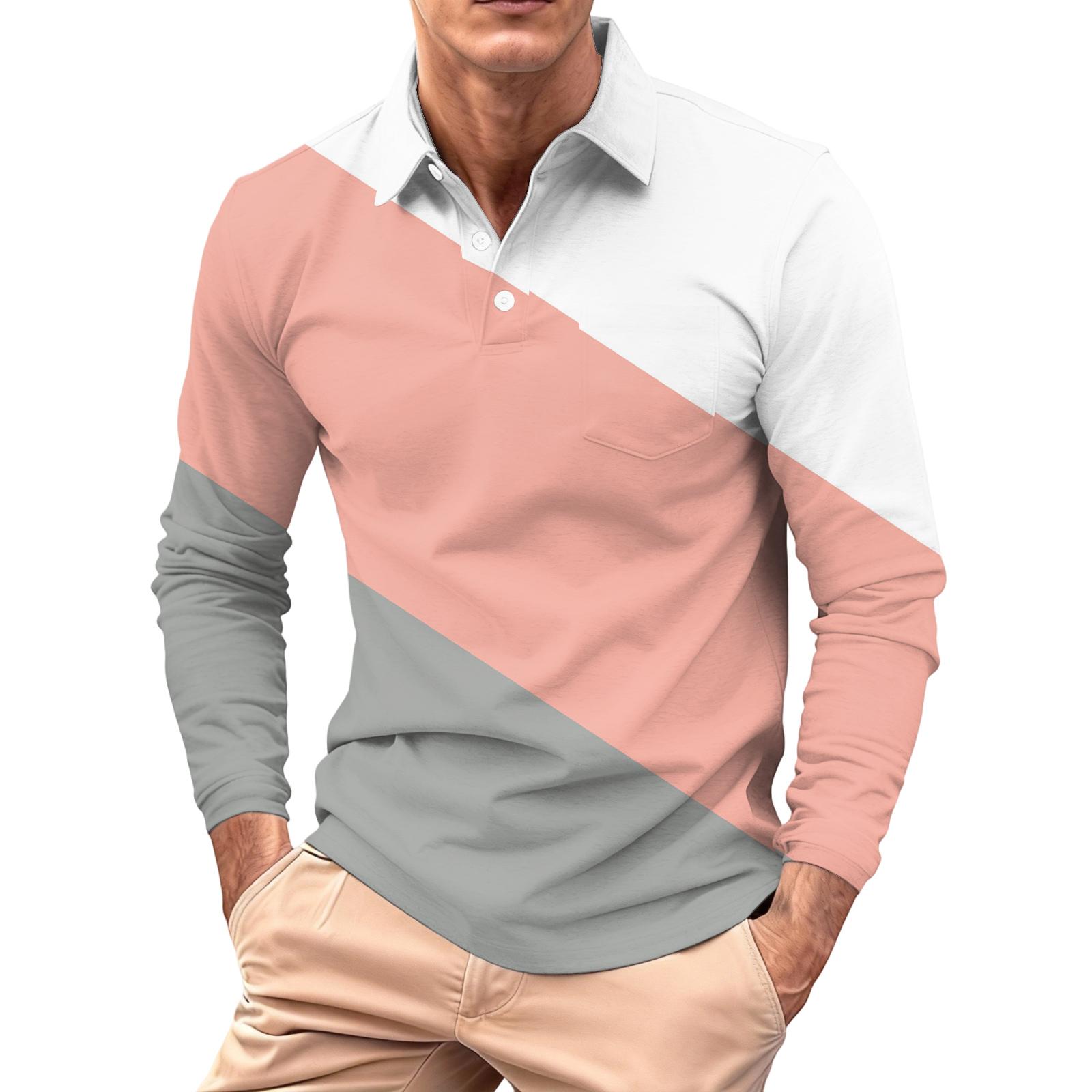 

Men s Long-sleeved Collared Button-down Pocket Casual Top S рожевий