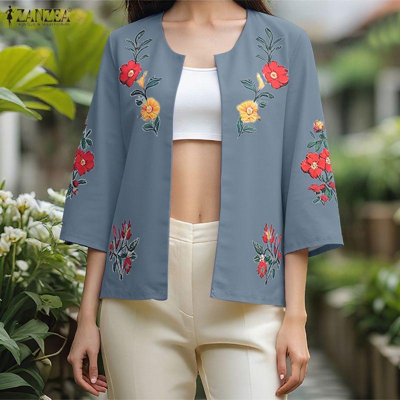 ZANZEA Women Floral Print Casual 3/4 Sleeve Loose Cardigan Blouse