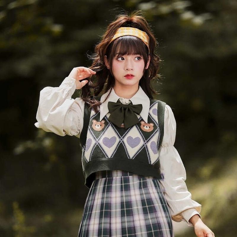 Vintage różnokolorowy wzór w robieniu na drutach sweter kamizelki Preppy Y2k krótki podkoszulek Kawaii nadruk z misiem sweter bez rękawów dzianina z kokardką śliczne