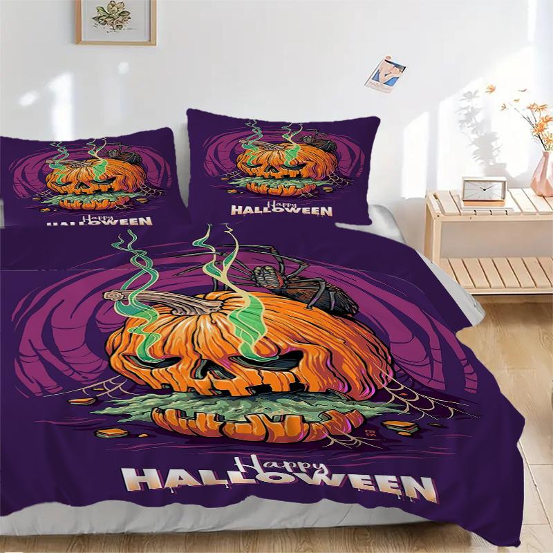3pcs Spooky Halloween Pumpkin Bedding Set - 1 Soft Quilt Cover + 2 Pillowcases, Machine Washable - Suitable for All Seasons, Perfect Gift Fo