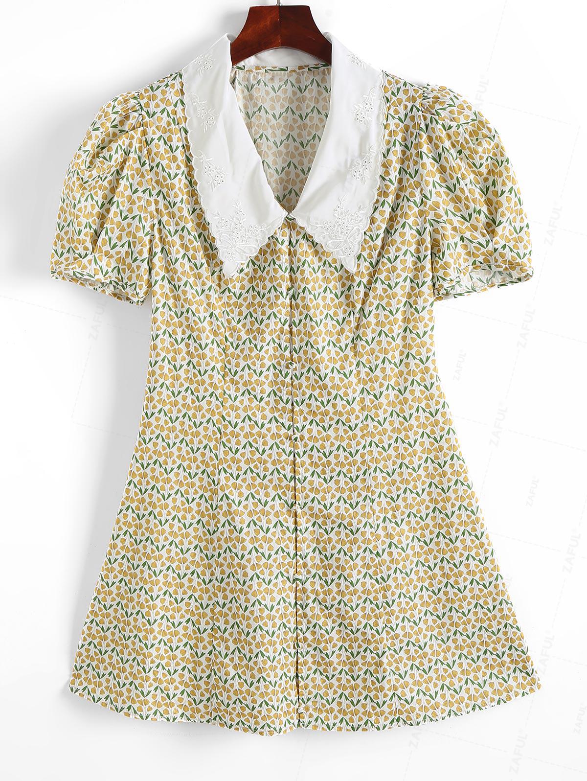 

ZAFUL Платье в стиле ретро с плоским воротником и рукавами-жиго из листьев гинкго XL светло-желтого