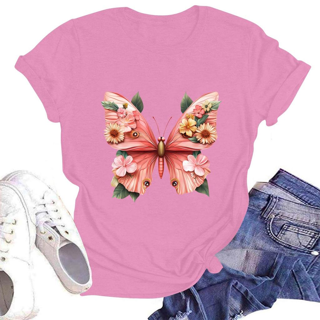 Women's Casual Round Neck Short Sleeve Pullover Printed T-Shirt Top
