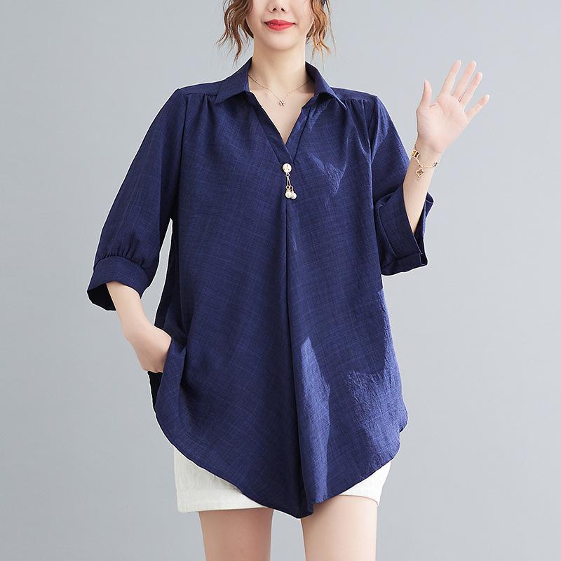 Women's Polo Collar Half Sleeve Loose Fit Blouse Casual Color Block Summer Top
