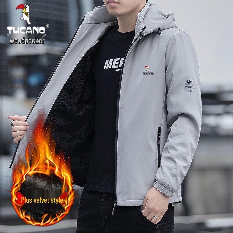 Woodpecker Men's Fleece-lined Hooded Jacket - Detachable Hood, Casual Spring/Autumn/Winter Coat