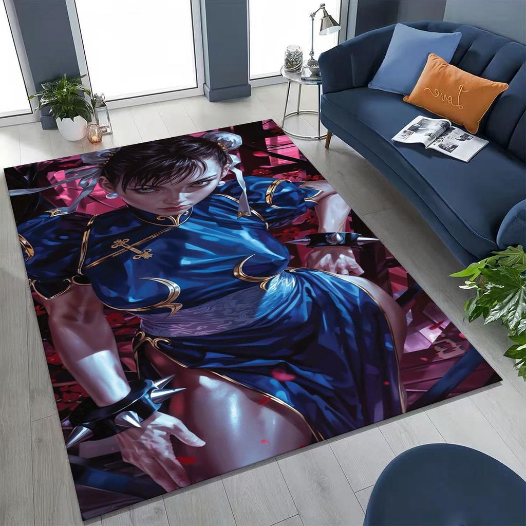 Retro Street Fighter 6 Characters Game Chun-Li Cartoon Rug for Bedroom Living Room Sofa Home Doormat Decor,Non-slip Floor Mat