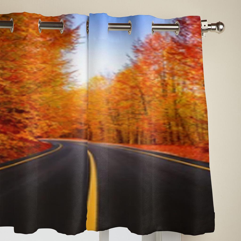 Black Road In Autumn Forest Window Curtain For Living Room Bedroom Decoration Curtains Luxury Kitchen Valance Curtains